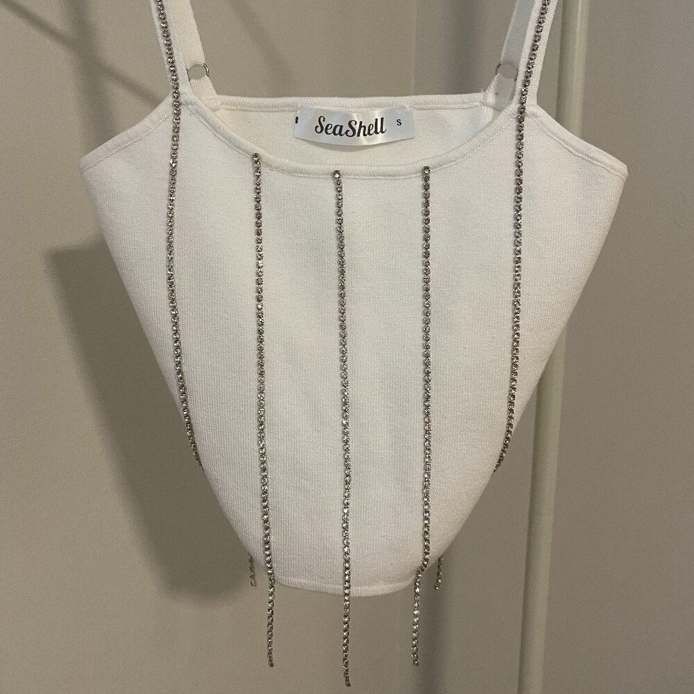 Rhinestone fringe white crop top corset look